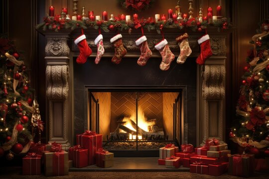 Holiday Fireplace Adorned with Christmas Ornaments and Stockings