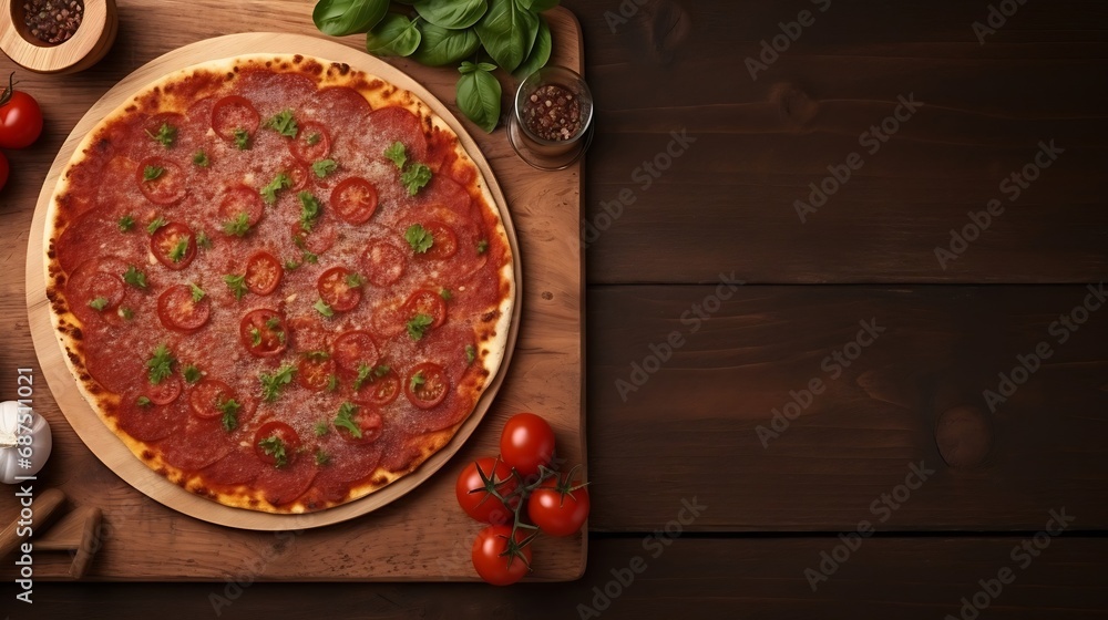 Poster Pizza board and canvas napkin with lace on wooden table. Top view mock up : Generative AI