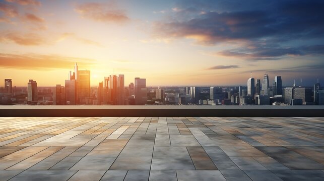 Perspective view of empty concrete floor and modern rooftop building with sunset cityscape scene. Mixed media : Generative AI