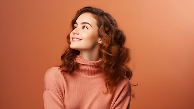 Portrait of positive cheerful girl look copyspace think thoughts lick lips want eat delicious dessert wear pullover isolated over shine color background : Generative AI