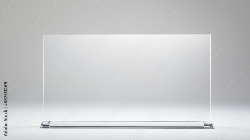 Poster transparent wide glass nameplate on spacer metal holders. clear printing board for branding. acrylic