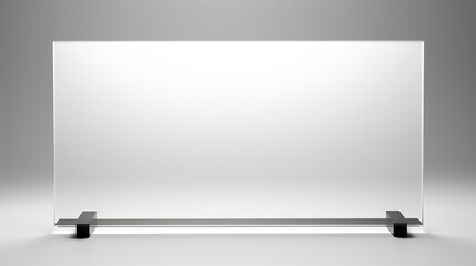 Transparent wide glass nameplate on spacer metal holders. Clear printing board for branding. Acrylic advertising signboard on white background mock-up front view. : Generative AI