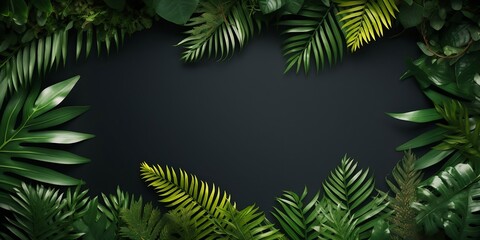 Fototapeta na wymiar Tropical summer background, fern leaves set in the frame around blank space for a text, flat lay, view from above, stylized photo : Generative AI