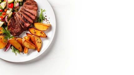 Foto op Canvas Top view of delicious grilled beef steak and rustic potatoes wedges with vegetable salad served on plate on white background : Generative AI © Generative AI
