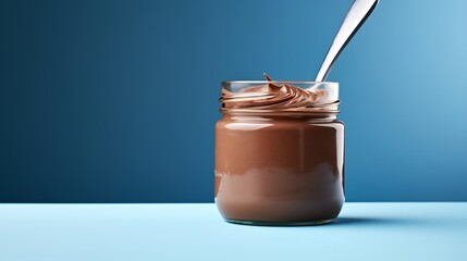 a jar of chocolate nut spread with a spoon on a light blue background. Favorite delicacy, traditionally for breakfast, popular sweet paste for sandwiches and baked goods. : Generative AI - obrazy, fototapety, plakaty