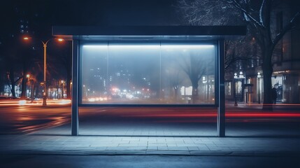 blank billboard bus stop night with lights cars passing by. Resolution and high quality beautiful photo : Generative AI - obrazy, fototapety, plakaty