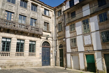 Fototapeta na wymiar Historical buildings in the 'Praza de Salvador Parga', in the city of Santiago de Compostela Santiago de Compostela, Galicia, Spain 10092023