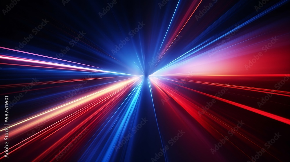 Poster speed light line motion blur on dark background, data transfer simulation, blue to red lights : Generative AI