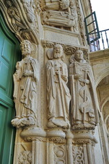Statues on the facade of the 'Colexio de San Xerome' in Santiago de Compostela. San Pedro, San Pablo and Santo Domingo de Guzm&aacute;n 
Santiago de Compostela, Galicia, Spain 10092023