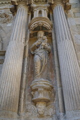Statue on the facade of the 'Colexio de Fonseca' on 'R&uacute;a do Franco' street in Santiago de Compostela
Santiago de Compostela, Galicia, Spain 10092023