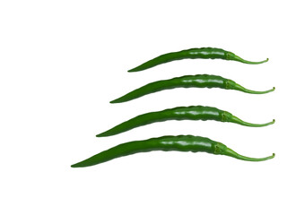 Green Hot Chillies. Natural organic and Fresh vegetables are isolated on a white background. Desi Indian Hot Chillies in Four Sizes.