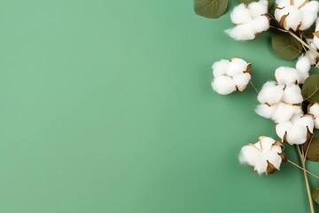 Autumn Floral Flat lay background composition. Dried white fluffy cotton flower branchwith green leaf top view on colored table with copy space. : Generative AI
