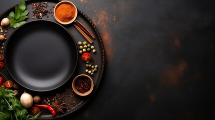 An empty black plate on a dark concrete background with spices, herbs and cutlery. Home dinner cooking : Generative AI