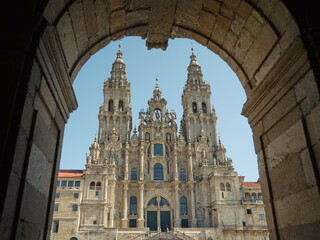 Baroque fa&ccedil;ade of the 'Praza do Obradoiro' of the Cathedral of Santiago de Compostela seen from the arcades of the 'Pazo de Raxoi' Santiago de Compostela, Galicia, Spain 10092023