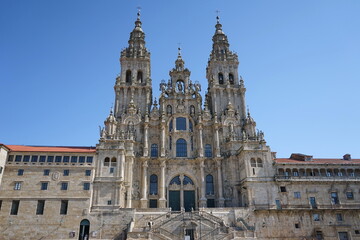 Baroque facade of the 'Praza do Obradoiro' of the Cathedral of Santiago de Compostela Santiago de Compostela, Galicia, Spain 10092023 - obrazy, fototapety, plakaty
