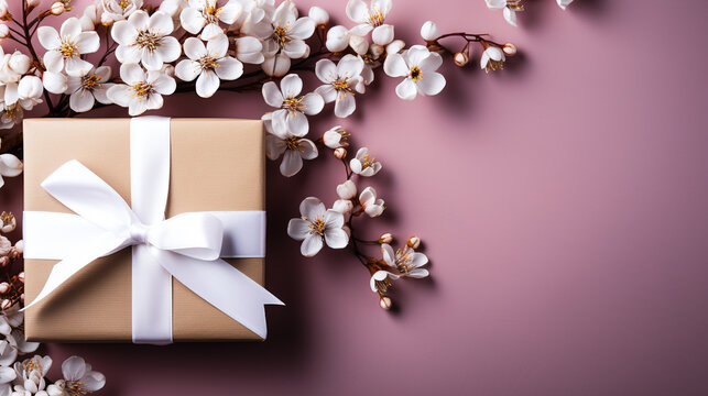 Paquet cadeau avec branche de cerisier fleurie