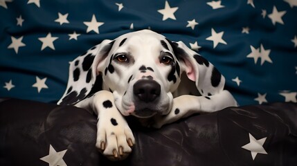 Dalmatian dog lying on her back with paws up wishing for a tummy rub. Dog in bed resting and yawning among pillows with stars pattern. Funny, cute dog's muzzle. Good morning concept. F : Generative AI - obrazy, fototapety, plakaty