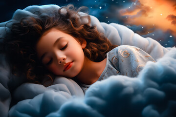 Petit fille dormant profondément avec un ciel étoilé et une couverture douce