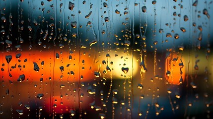 Drops of night rain on window, on back plan washed away lights of the torches. : Generative AI