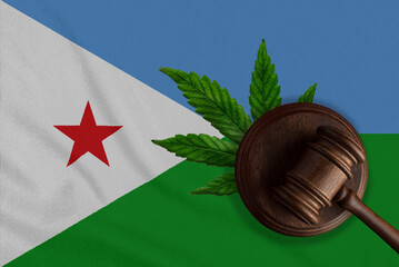 Flag of Djibouti and justice gavel with cannabis leaf. Illegal growth of cannabis plant and drugs...