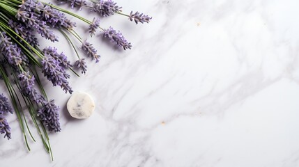 Flat lay composition with lavender flowers and natural cosmetic on marble background : Generative AI