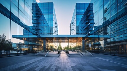 From below of entrance of office building next to contemporary high rise structures with glass mirrored walls and illuminated lights in calgary city against cloudless blue sky : Generative AI