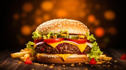 Hamburger Cheeseburger meal fastfood fast food with cola drink and French Fries on a wooden board...