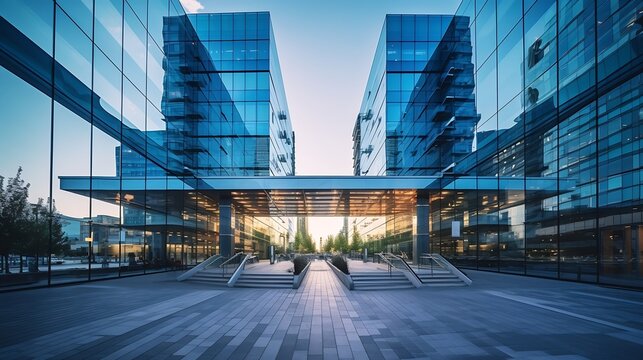From below of entrance of office building next to contemporary high rise structures with glass mirrored walls and illuminated lights in calgary city against cloudless blue sky : Generative AI