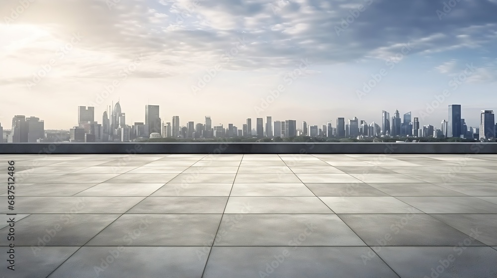 Poster panoramic skyline and buildings with empty concrete square floor : generative ai
