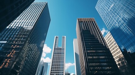 Fototapeta na wymiar Office buildings stretch up to the blue sky in the financial district in downtown Toronto Ontario Canada. : Generative AI