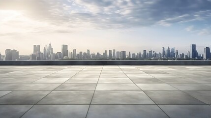 Panoramic skyline and buildings with empty concrete square floor : Generative AI