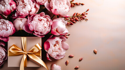 Paquet cadeau et fleurs de pivoines roses sur fond rose vu de dessus