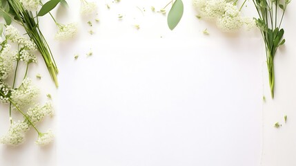 Styled stock photo. Feminine wedding desktop mockup with baby's breath Gypsophila flowers, dry green eucalyptus leaves, satin ribbon and white background. Empty space. Top view. Pictur : Generative AI