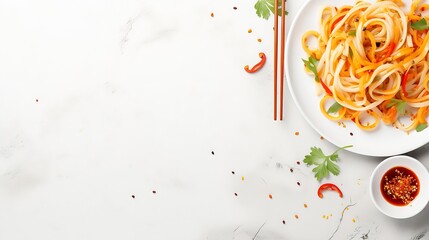 Top view of Spicy Udon Noodles on an orange plate on white marble : Generative AI