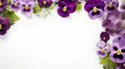 Küchenrückwand glas motiv Viola pansy flower set. Violet spring flowers and leaves collection isolated on white background. Creative layout. Floral design element. Springtime and easter concept. Top view, flat  : Generative AI © Generative AI