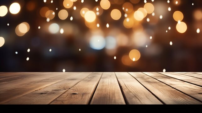 background Image of wooden table in front of abstract blurred restaurant lights : Generative AI