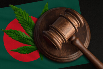 Flag of Bangladesh and justice gavel with cannabis leaf. Illegal growth of cannabis plant and drugs spreading.