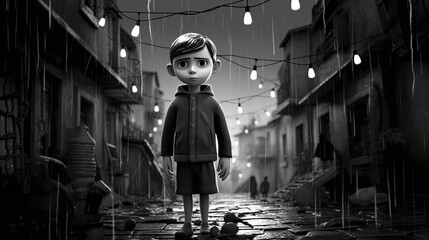 Boy standing and looking sad at night with the moon illuminating on an empty street in the city.