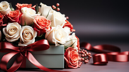 Paquet cadeau et bouquet de roses sur fond gris