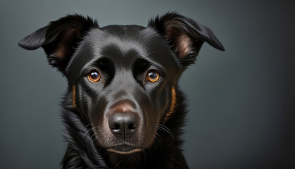 Pet portrait of a black dog against a gray backdrop. The idea of animal rights and taking in a stray dog. Copy space for messages, ads, and text