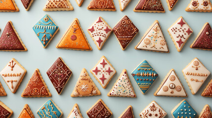 Happy Purim pattern hamantaschen cookies on pastel background. (Happy Purim in Hebrew, jewish holiday celebrate) - obrazy, fototapety, plakaty