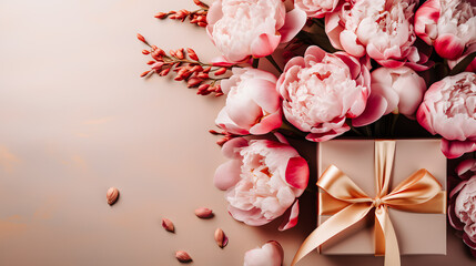 Paquet cadeau et fleurs de pivoines roses sur fond rose vu de dessus