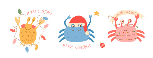 Christmas crab funny characters set, hand drawn text Merry Christmas. Vector tropical party celebration isolated element. Funny sea animal cartoon character for Happy New Year invitation, card, poster