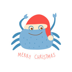 Christmas crab wears Santa hat, hand drawn text Merry Christmas. Vector tropical party celebration isolated element. Funny sea animal cartoon character for Happy New Year invitation, card, poster.