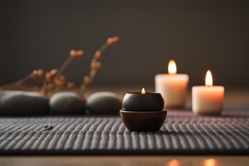 Mats lie on the floor of a quiet yoga room, surrounded by candles and muted background, fostering a...