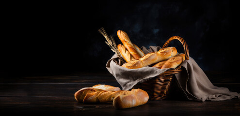 French bread Ficelle in the basket on black wooden background.