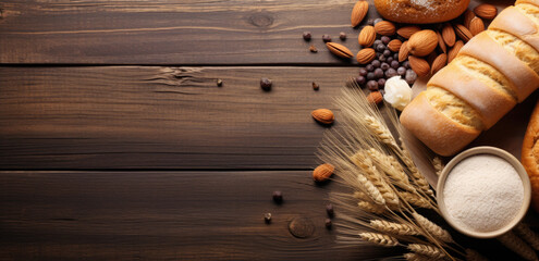 Fototapeta na wymiar Bread with flour powder and wheat straw on wooden background