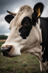 Close-up portrait of the head of a beautiful black white cow looking at the camera in a pasture. Farm, pets, farming concepts.