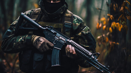 Close up hands russian soldier man dressed military camouflage uniform holds weapon in woodland at soldiers background. Male border guard in country border holding machine gun on war. Copy text space - Powered by Adobe
