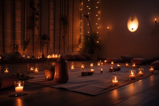 In a minimalist yoga space, candles and yoga mats, along with simple decor, accentuate a tranquil atmosphere, providing an ideal environment for focused practice and relaxation.
